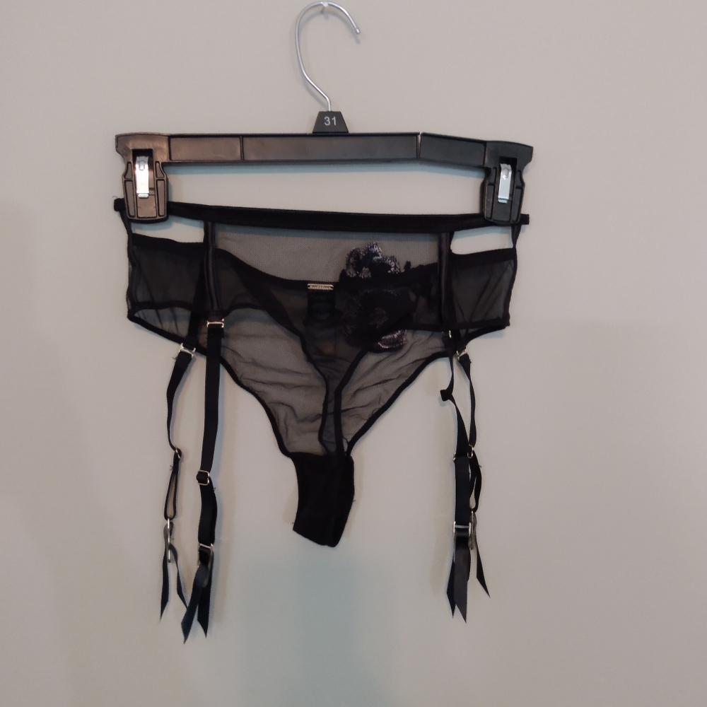 Bluebella black floral thong underwear with garters attached - Picture 2 of 6